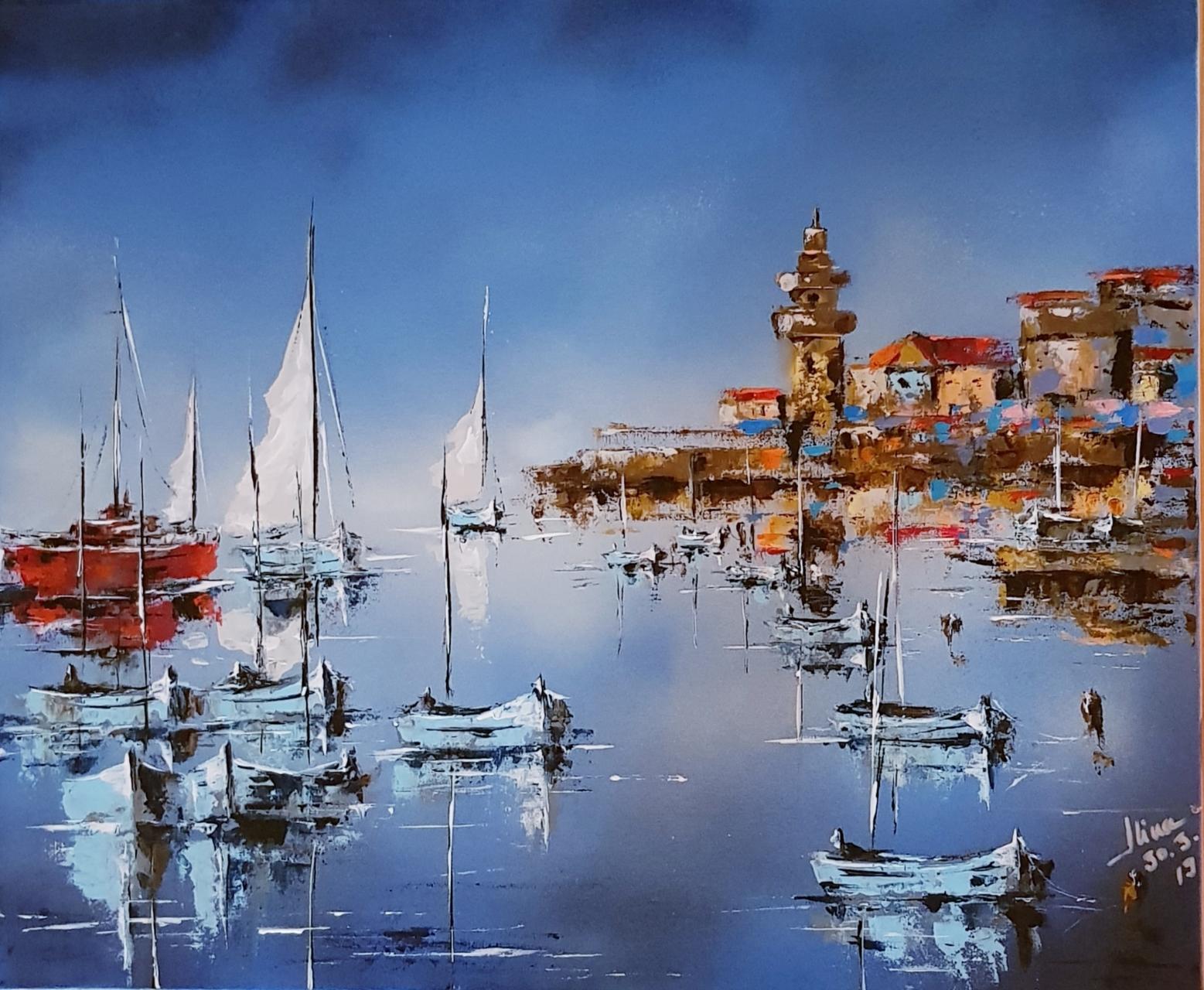 ArteDiAlina.com painting: blue boats into a Sicily Harbour